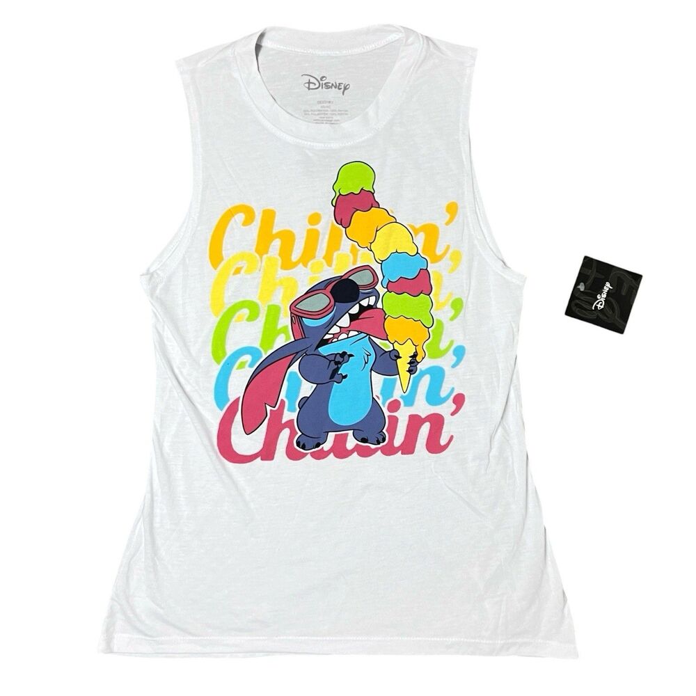 Disney Tank Top Womens XS White Graphic Stitch Chillin Sleeveless Ice‎ Cream Nwt